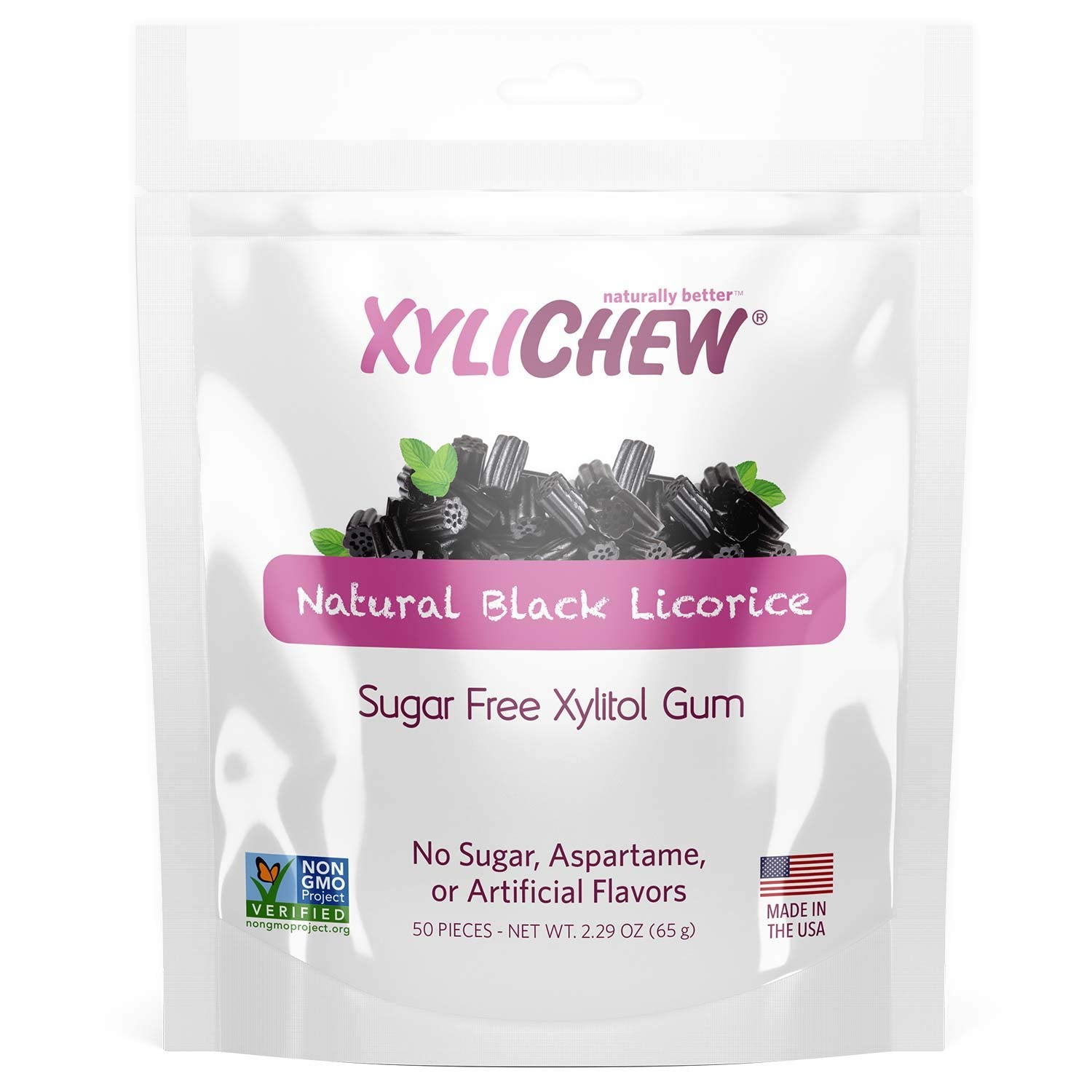 Xylichew 100% Xylitol Chewing Gum - Non GMO, Non Aspartame, Gluten Free, and Sugar Free Gum - Natural Oral Care, Relieves Bad Breath and Dry Mouth - Licorice, 50 Count
