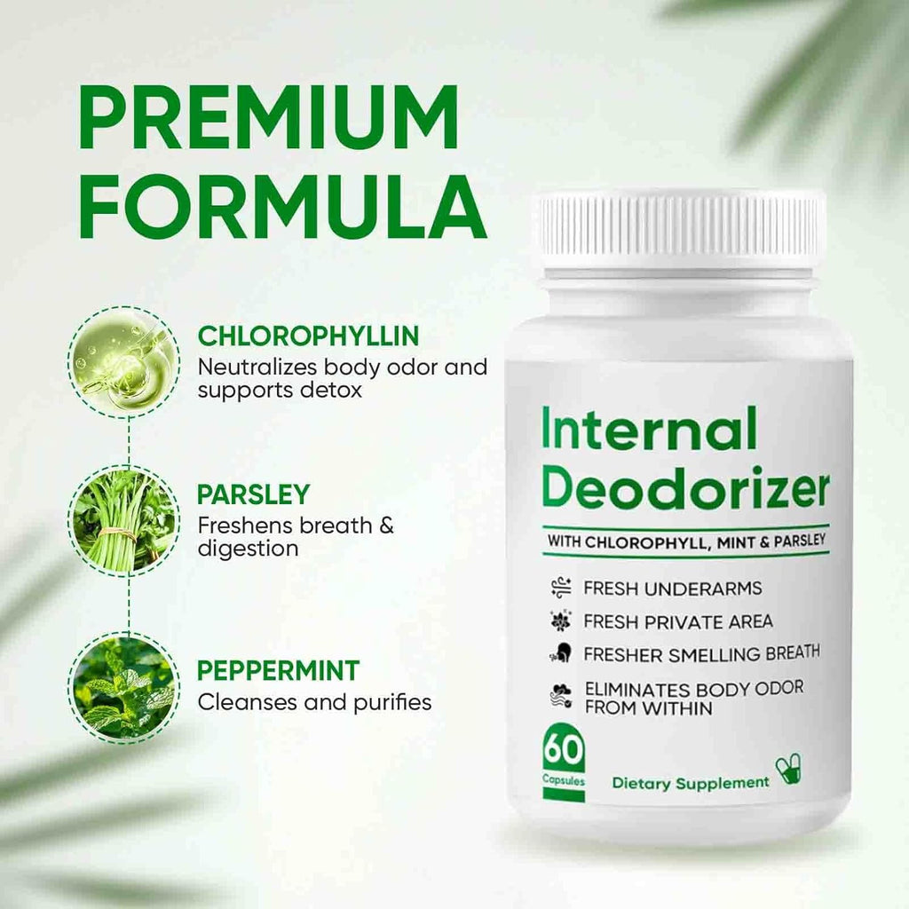 Internal Deodorizer - Breath Freshening, Body Deodorizing Supplement with Chlorophyll, Mint & Parsley, Chlorophyll Deodorant Capsules for Body Odor, Bad Breath, 60 Count