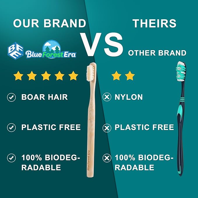 Boar Bristles & Bamboo Toothbrush, Premium Boar Bristle Toothbrush for Adult, Plastic & Nylon Free, Eco-Friendly Natural Biodegradable Compostable Bamboo Tooth Brushes 6 Pack