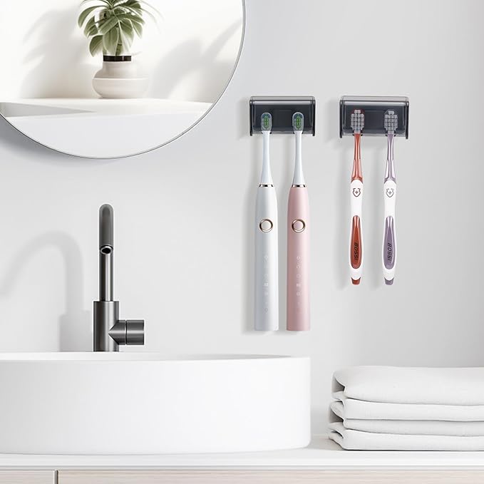 2 PCS Toothbrush Holders Wall Mounted with Cover, Electric Tooth Brushing Holder for Bathroom, 2 Slots Self Adhesive Toothbrush Organizer for Family, Kids (2, Transparent Black)