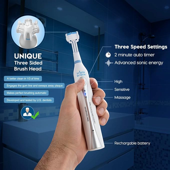 Triple Bristle Original Sonic Toothbrush | Rechargeable 31,000 VPM Tooth Brush | Patented 3 Head Design | Angled Bristles Clean Each Tooth Teeth Whitening Strips (1)