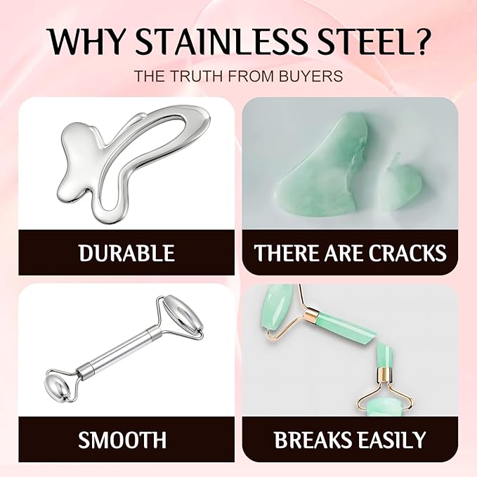 Gua Sha & Face Roller, Stainless Steel Gua Sha Facial Tools,Lymphatic Drainage Massager for Face, Eyes,Chin & Jawline Sculpting,Body Gua Sha Tools with Pouch (Light Silver)