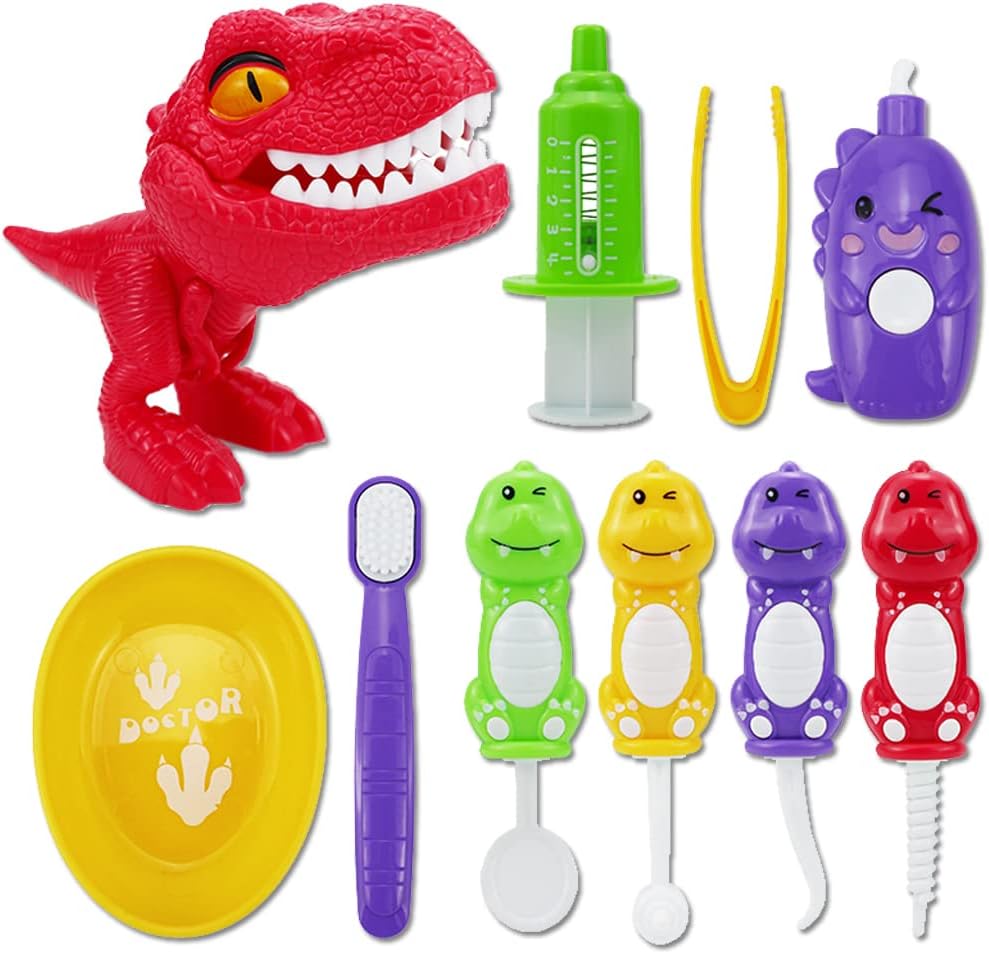 10PCS Plastic Dinosaur Simulation Dentist Play Set Animation Medical Kit Pretend Toy for Kids Hygienic Habbit Cultivation Role Play Game for Children 5 models 4 colors OPP Bag Packaging (Mixed Colors)
