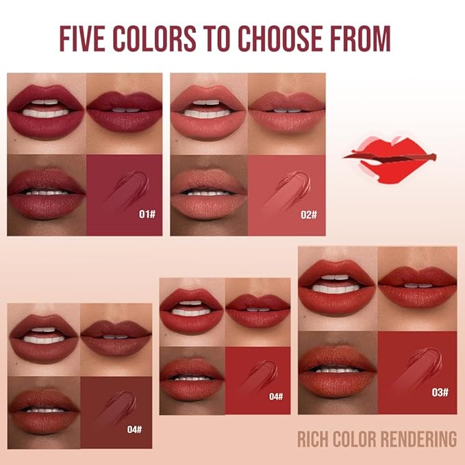 Matte Lip Stain – High Pigment Non-Transfer Matte Liquid Lipstick, Long-Lasting Waterproof Smudge-Proof Lip Color, Lightweight Comfortable Velvet Finish Lip Tint 03#（5PCS）