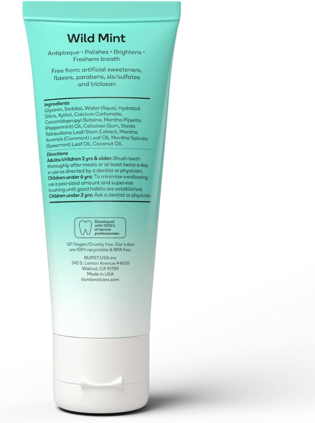 BURST Fluoride Free Whitening Toothpaste for Stain Removal (4.7oz/2 Pack/Wild Mint) | for Sensitive Teeth | with Xylitol | Vegan, Gluten & SLS Free