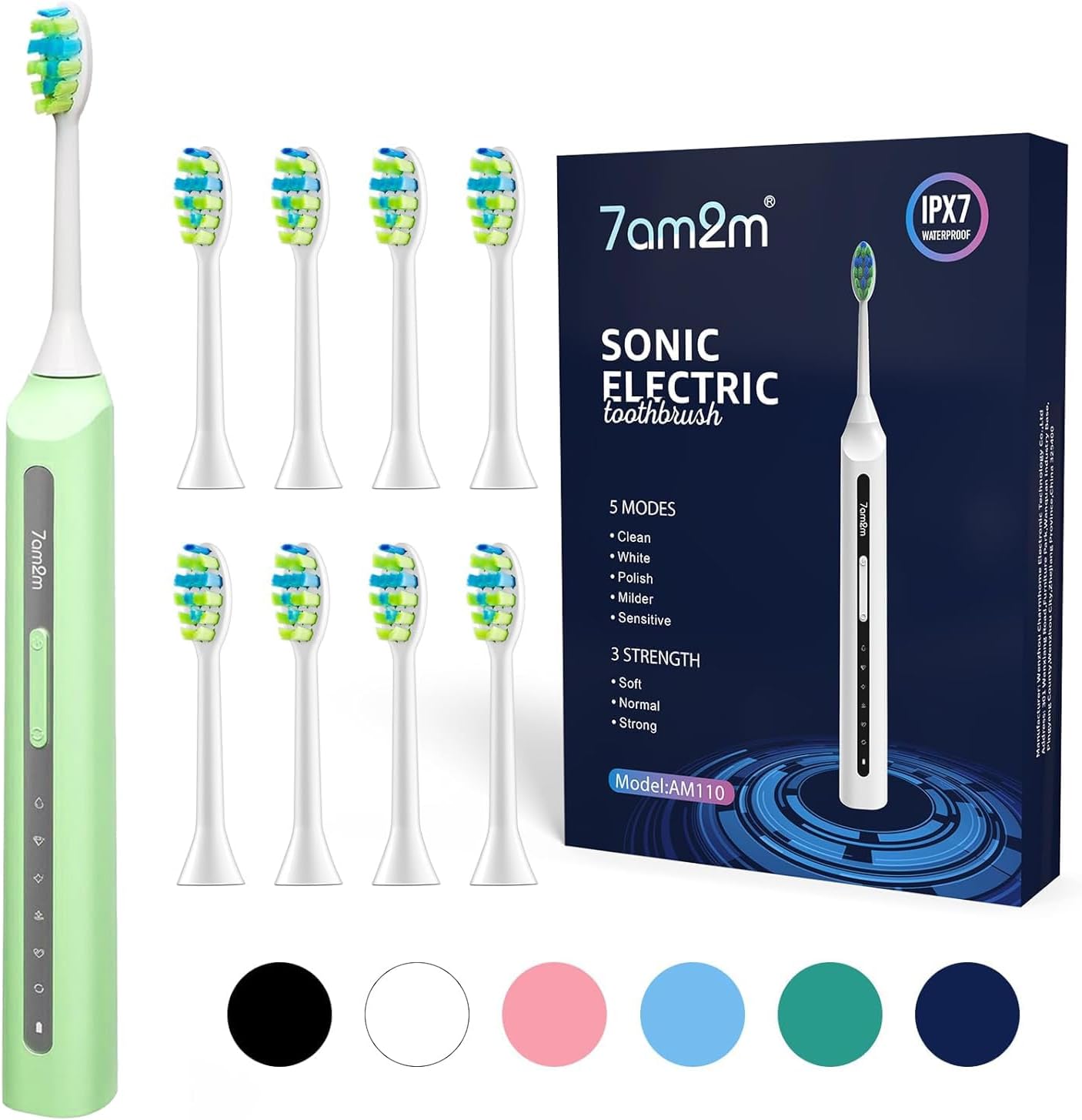 7AM2M Sonic Electric Toothbrush, High Power Rechargeable Toothbrushes, with 8 Brush Heads for Adults and Kids, 15 Adjustable Modes, Built-in 2-Minute Smart Timer, 4 Hours Fast Charge (Light Green)