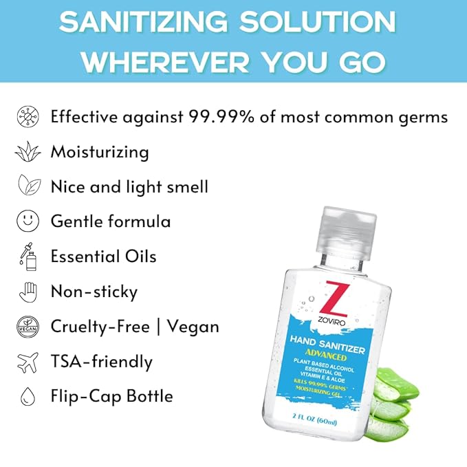 Zoviro Hand Sanitizer Gel, 2 Fl Oz Flip-Cap Bottle, Moisturizing with Essential Oils and Aloe, Refreshing Scent, Rinse-Free Formula, Mini Hand Sanitizer Travel Size (Pack of 50)