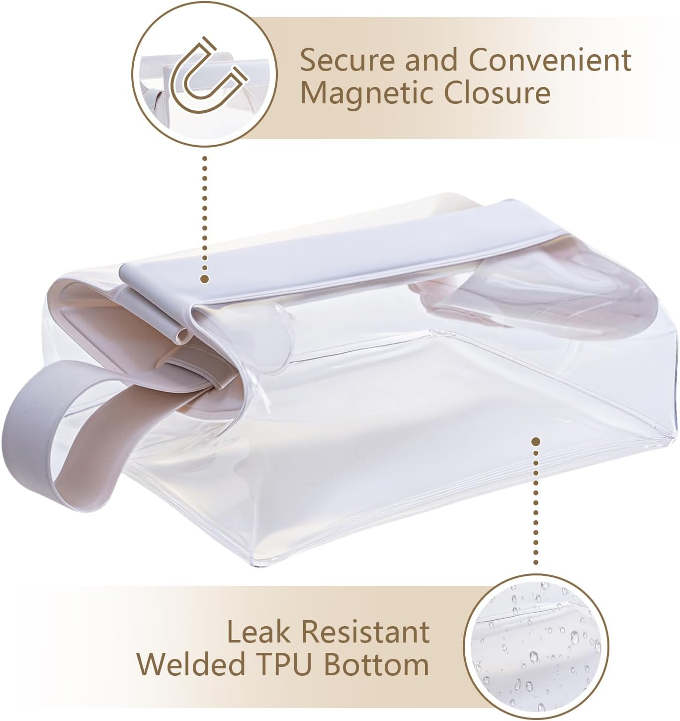 TSA Approved Clear TPU Toiletry Bag with Magnetic Closure Leak Resistant Makeup Bag Cosmetic Pouch Dopp Kit Travel Essentials Bag Magnetic Travel Container Organizer Pouch (Beige)