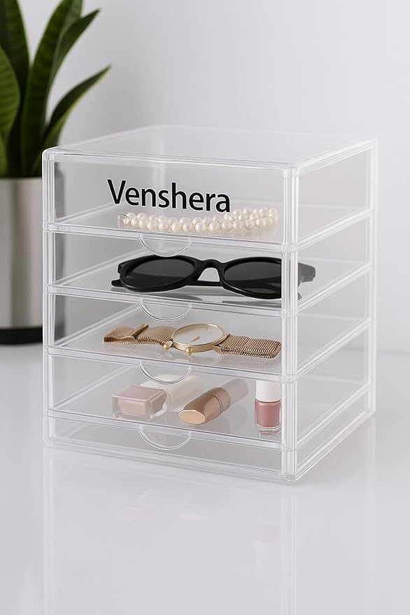 Venshera 4-Drawer Acrylic Organizer – Clear Storage Box with Sliding Drawers for Bathroom, Vanity, Desk, or Makeup. (Clear white)