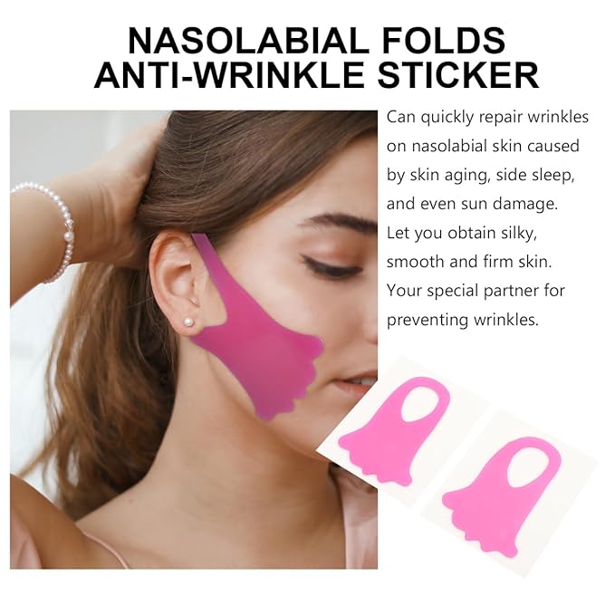 2Pcs Wrinkle Nasolabial Folds Sticker, Anti-Wrinkle Face Patches for Girls Women, Silicone Rosy Facial Care Stickers Lines, Mouth Wrinkles, and