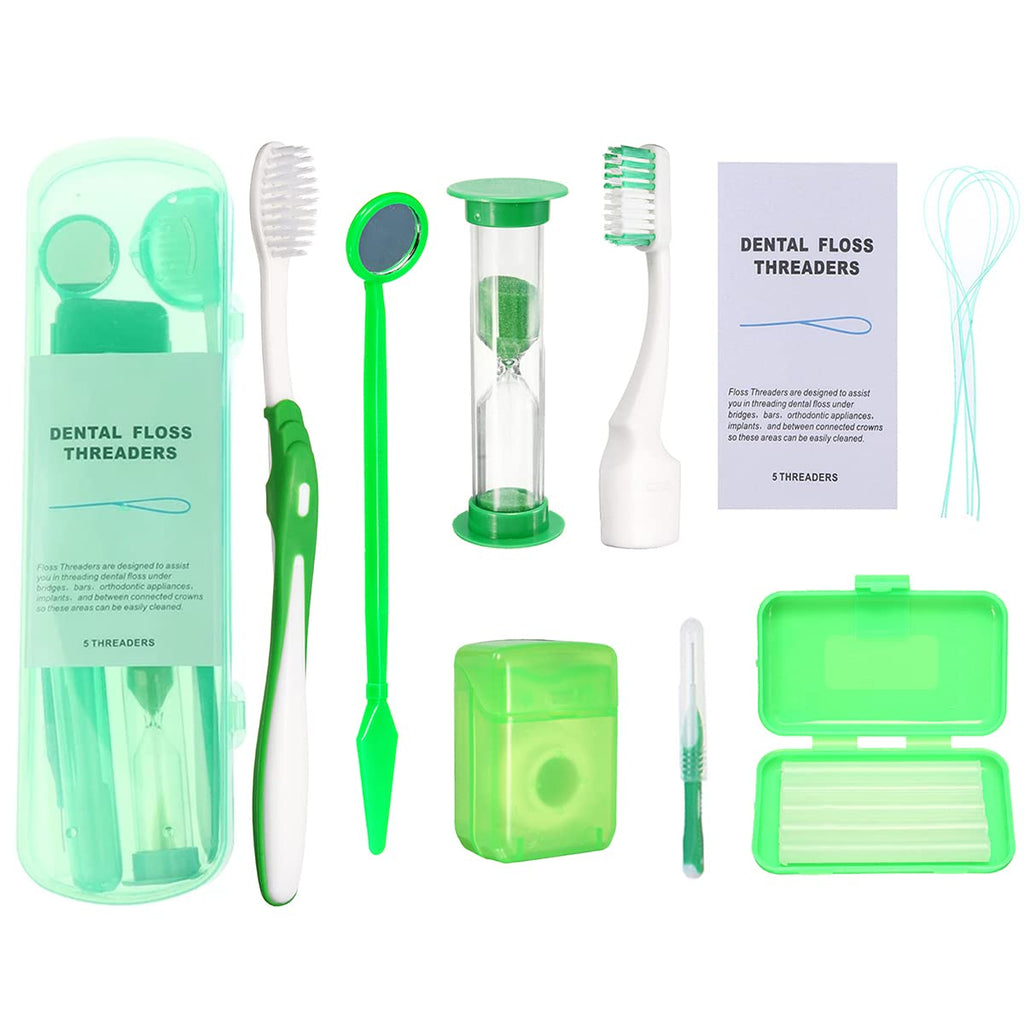 Braces Cleaning Kit for Teeth, Portable Orthodontic Toothbrush Kit Oral Care Dental Travel Kit - Interdental Brush Dental Wax Dental Floss Toothbrush Box (Green B)