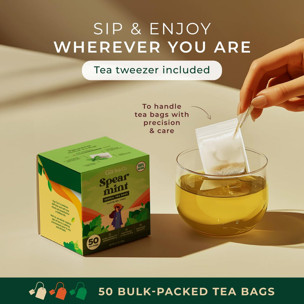 Gya Tea Co Spearmint Herbal Tea Bags (50 Bags) - Caffeine Free with a Tangy Flavor for All Day Comfort, Calming, Relaxing & Nourishing - Fruit & Herbal Blends