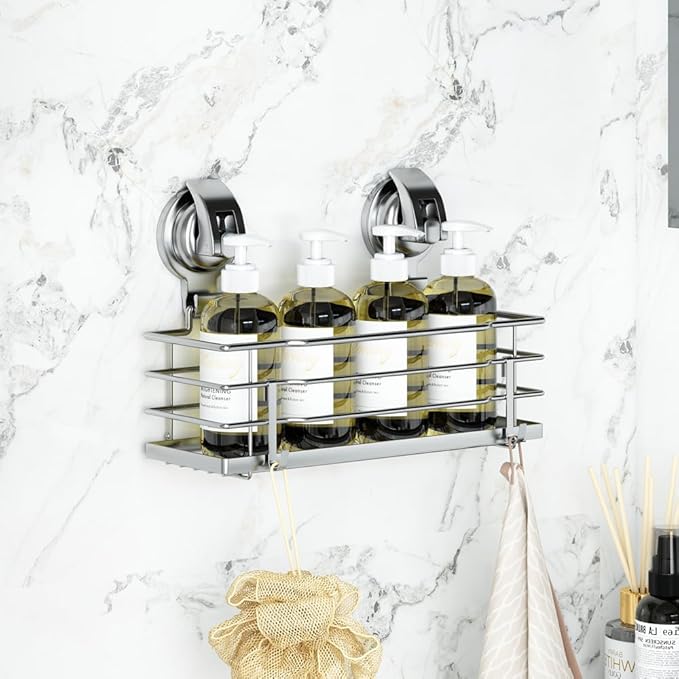 Suction Cup Shower Caddy, Shower Shelf Soap Dish with Hooks for Razor, Sponge, Rust Proof 304 Stainless Steel, Silver