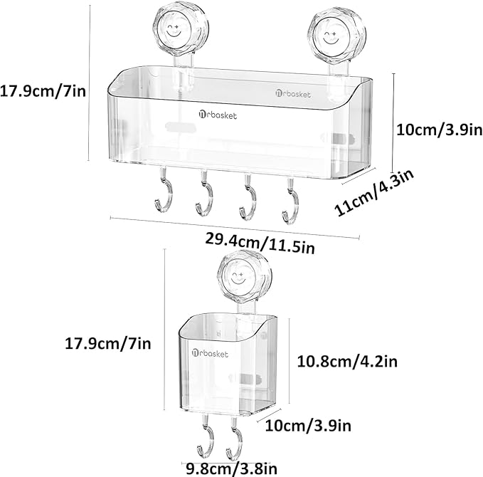 2-Pack Suction Cup Shower Caddy Set, Wall Mounted Suction Rack, Bathroom Shower Shelf Basket Set with Shower Organizer and Toothbrush Holder (No Drilling Required)