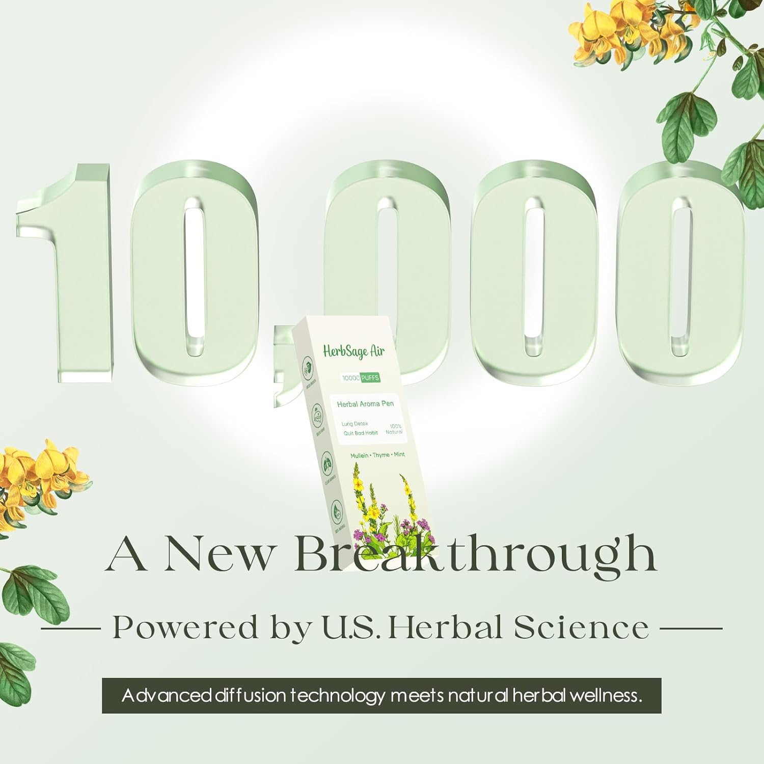 Next-Gen Mullein Herbal Diffuser Pen - REVOLUTIONARY Up to 10,000 Uses | All-Natural with Mullein, Thyme & Mint for Lung Cleansing, Freshens Breath & Quitting Bad Habit