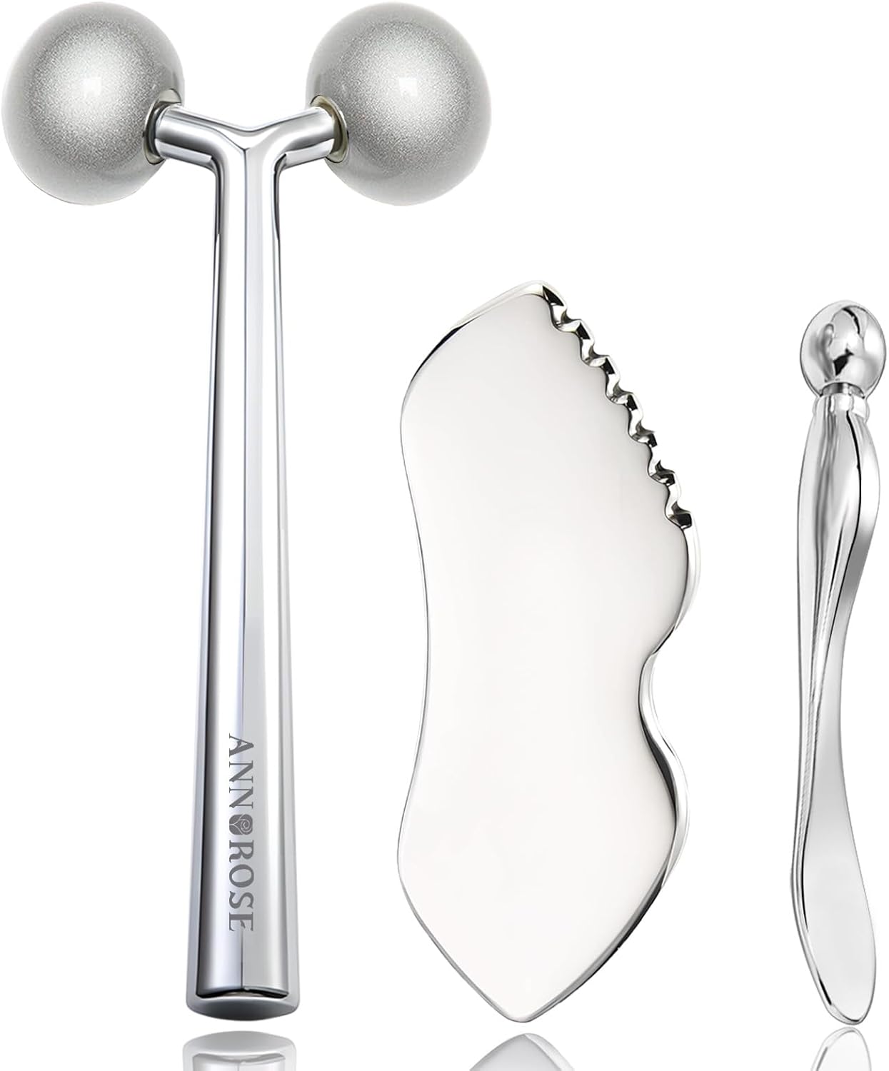 3-in-1 Stainless Steel Facial Massage Set, Face Roller, Gua Sha Tool, Eye Cream Applicator, Silver,Gifts for Women and Girl