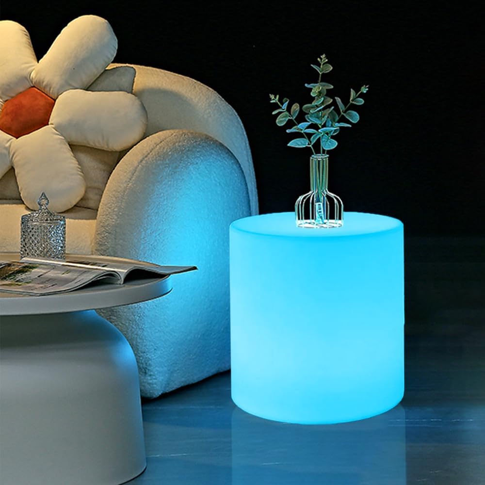 16-inch LED Cylinder Stool, Rechargeable Glowing Chair w/Remote, Dimmable 16 RGB Colors Changing Versatile LED Side Seat/Table, Waterproof Round Chair Light Mood Lamp for Home Garden Patio Party Decor