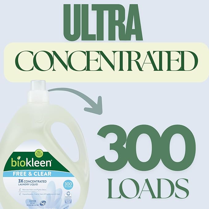 Biokleen Free & Clear Natural 3X Concentrated Liquid Laundry Detergent, 300 Loads, Plant-Based, Hypoallergenic, Removes Stains & Fights Odors, Dye Free, Unscented