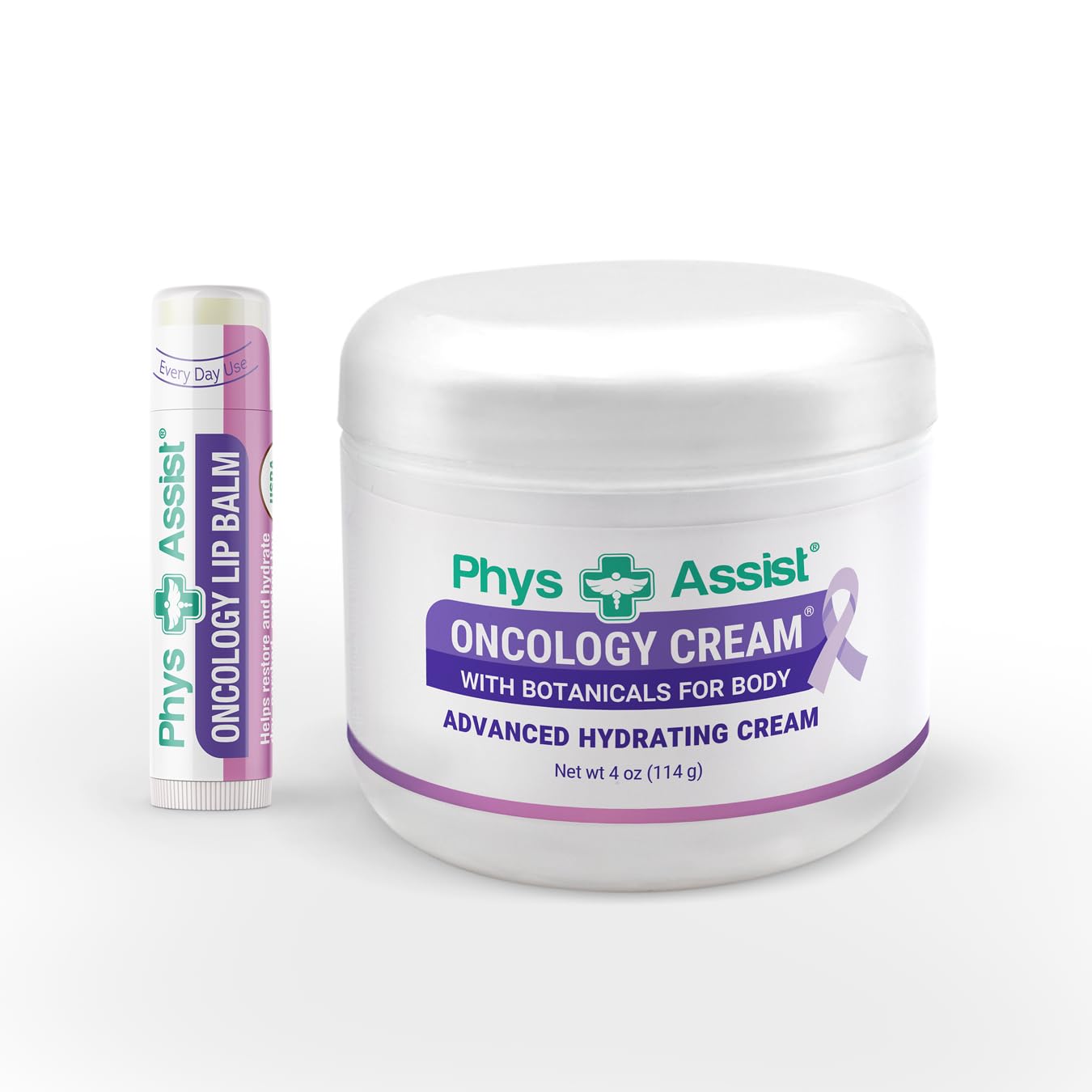 PhysAssist Oncology Cream 4 oz plus Lip Balm. Hydrates and Pampers Stressed skin. Made with a blend of natural Botanicals. Clinically Tested, Non Irritant.