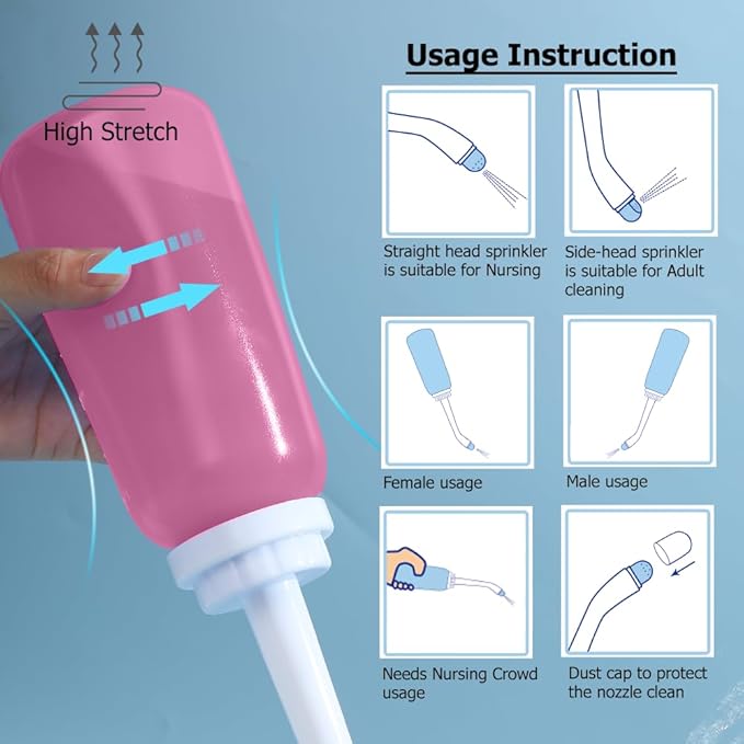Handheld Personal Bidet Bottle, Bottle for Gentle Postpartum Care and Cleansing, Feminine Care， Personal Perineum Cleansing, 350Ml Portable Travel Bidet（Pink）, Resistant to 100ºC, Bonus Bag