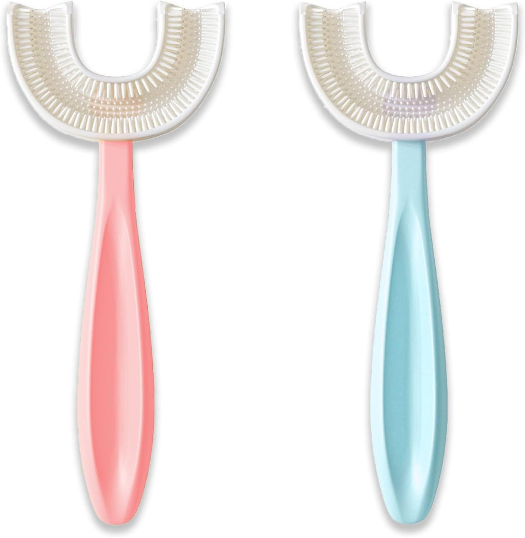 U Shaped Toothbrush Kids 6-12 Years - Two Soft Toothbrushes, Travel Case & Sensory Toothbrush - Rounded Kids Size Head - 1 Pink, 1 Blue
