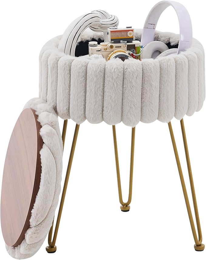 Wimarsbon Vanity Stool with Storage, Faux Fur Ottoman Chair with Metal Legs, Round Makeup Vanity Chair for Bedroom or Dressing Table, Modern Small Ottoman Seat (Light Grey)