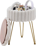 Wimarsbon Vanity Stool with Storage, Faux Fur Ottoman Chair with Metal Legs, Round Makeup Vanity Chair for Bedroom or Dressing Table, Modern Small Ottoman Seat (Light Grey)