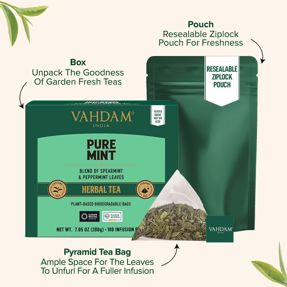 VAHDAM, Pure Mint Herbal Tea (100 Pyramid Tea Bags) Caffeine Free, Non GMO, Gluten Free | Blend of Spearmint & Peppermint - Sweet & Minty | Resealable Ziplock Pouch