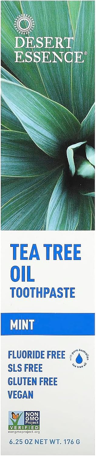 Desert Essence Tea Tree Oil Toothpaste - Mint - 6.25 Ounce - Refreshing Taste - Deep Cleans Teeth & Gums - Helps Fight Plaque - Sea Salt - Pure Essential Oil - Baking Soda - Promotes Healthy Mouth