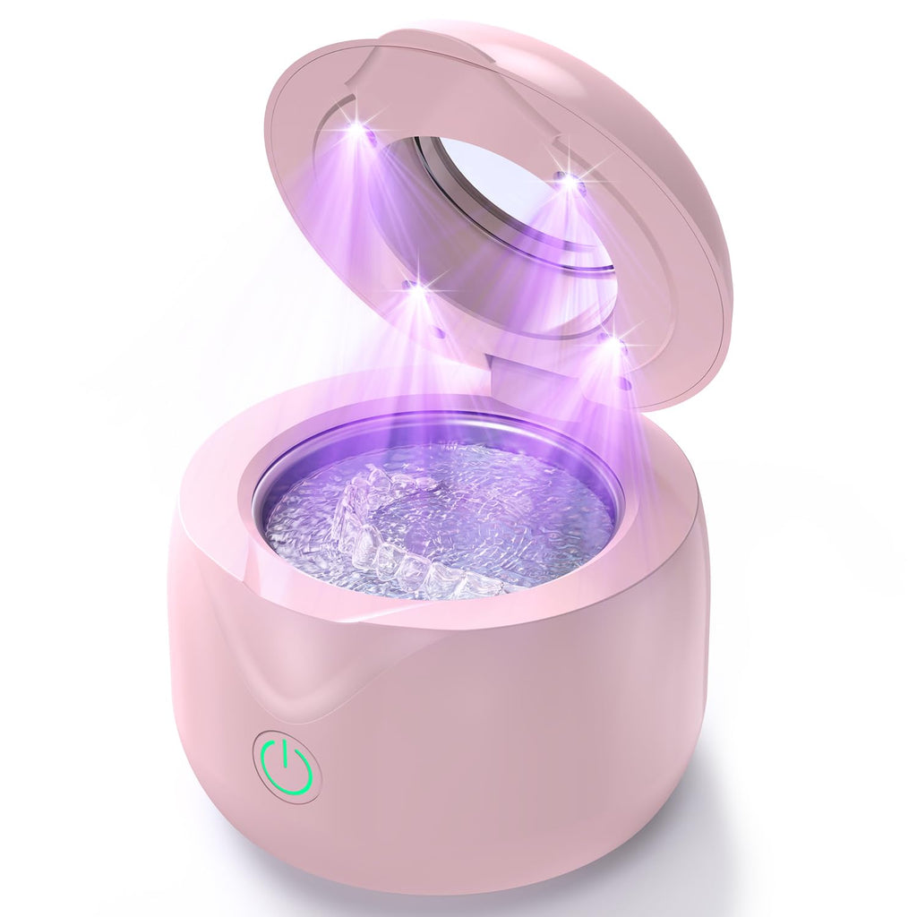 Ultrasonic Retainer Cleaner - UV Dental Cleaning Pod Night Guard Cleaner for Dentures, Aligner, Braces, Toothbrush Heads, Jewelry (Pink)
