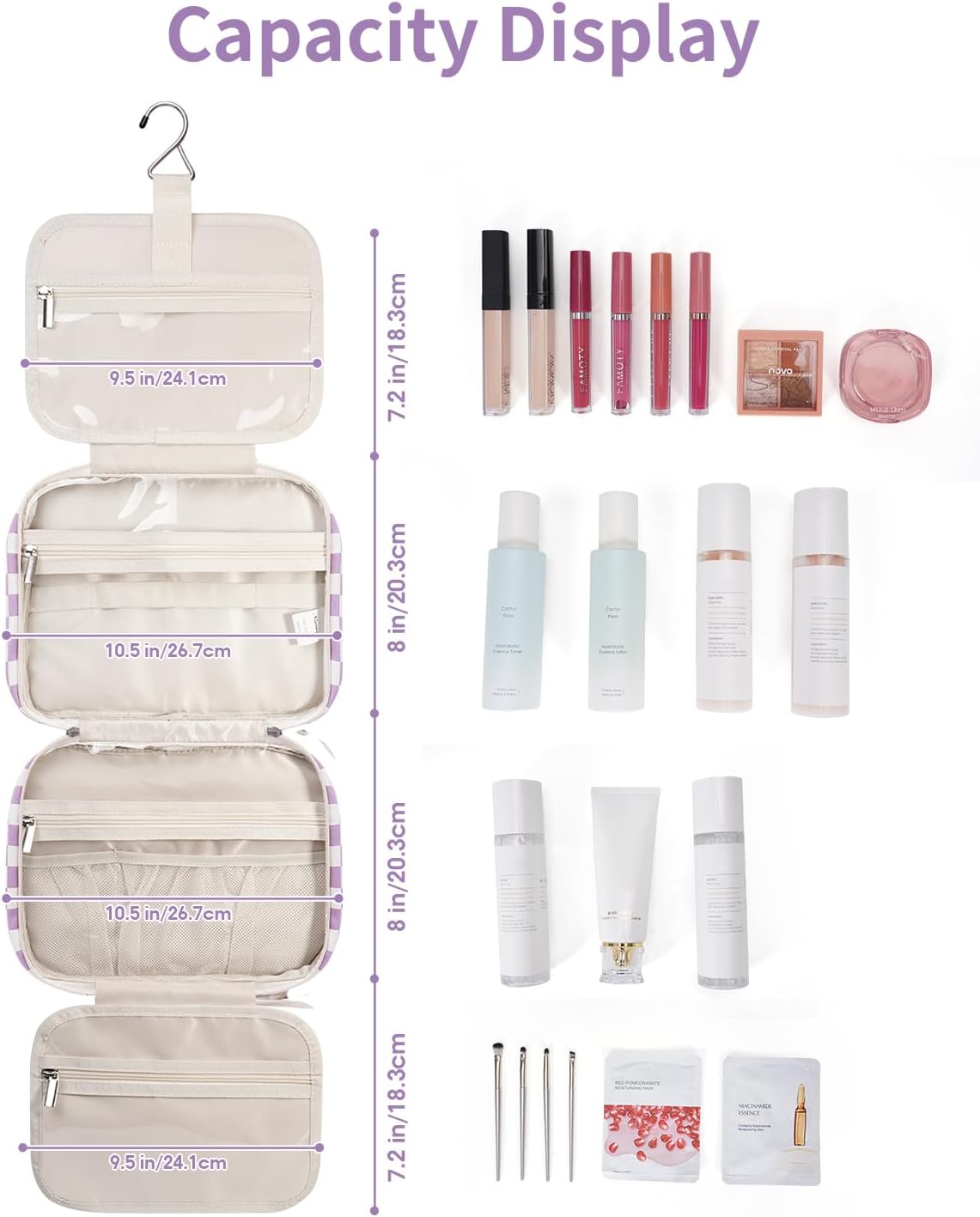 Narwey Hanging Toiletry Bag for Women Travel Makeup Bag Organizer Toiletries Bag for Travel Size Essentials Accessories Cosmetics (Purple Checkerboard (Medium))