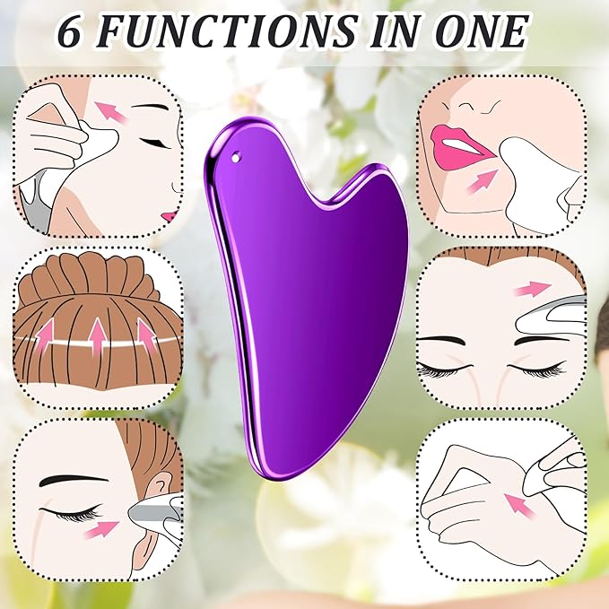 Nuanchu Stainless Steel Gua Sha Facial Tools Metal Guasha Tool for Face Body Jawline Shaper, Double Chin Reducer, Puffiness Reducing, Lymphatic Drainage Massager Skin Care Gift with Pouch(Purple)