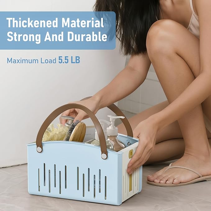 Delamu Portable Shower Basket Caddy with Double Handle Foldable Dry Wet Separation Design 11.0 × 7.1 × 6.5in, Travel, Camping, Gym, College Bathroom Tote, Blue, Ideal Christmas Gifts for Girls