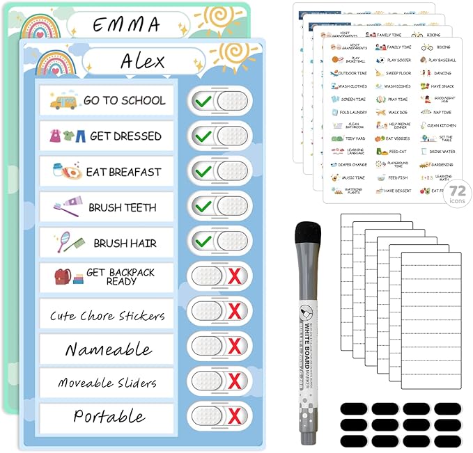 2 in 1 Namable Chore Chart for Kids, Dry Erase Morning/Bedtime Routine Chart for Kids for Refrigerator, Magnetic Visual Schedule for Kids Toddlers to Do List Checklist for Multiple Kids
