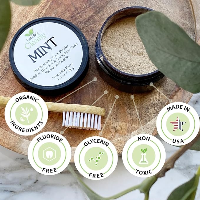 Isabella's Clearly Mint Remineralizing Tooth Powder - Natural Fluoride Free Toothpaste for Adults, Teeth Whitening, Xylitol, Baking Soda, Clay, Calcium