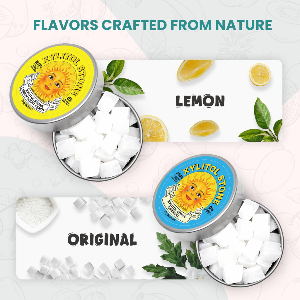 Xylitol Stone Sugar Free Candy - Vegan & Keto Friendly Unique Hard Candy - 100% Natural Flavor Candies - Gluten Free & Non-GMO Breath Freshener Low Calorie Mints - Pack of 2 (Original, Lemon)