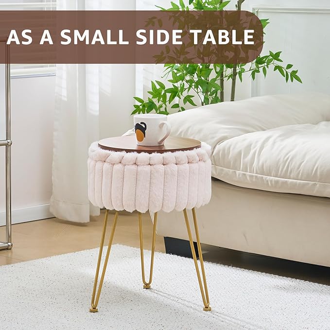 Wimarsbon Vanity Stool with Storage, Faux Fur Ottoman Chair with Metal Legs, Round Makeup Vanity Chair for Bedroom or Dressing Table, Modern Small Ottoman Seat (Champagne-1)