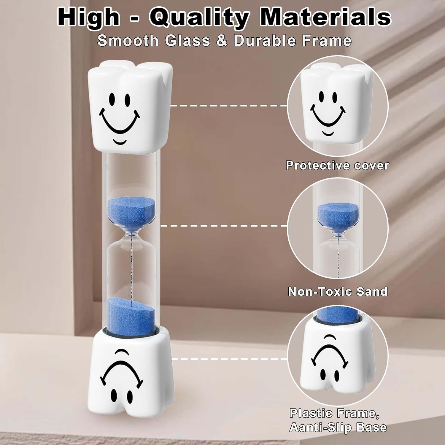 2 Minute Sand Timer for Kids, Small Blue Smiley Acrylic Hourglass Sand Clock Set, Plastic Glass Mini Sandglass for Toothbrush Classroom Games Kitchen (Pack of 2)