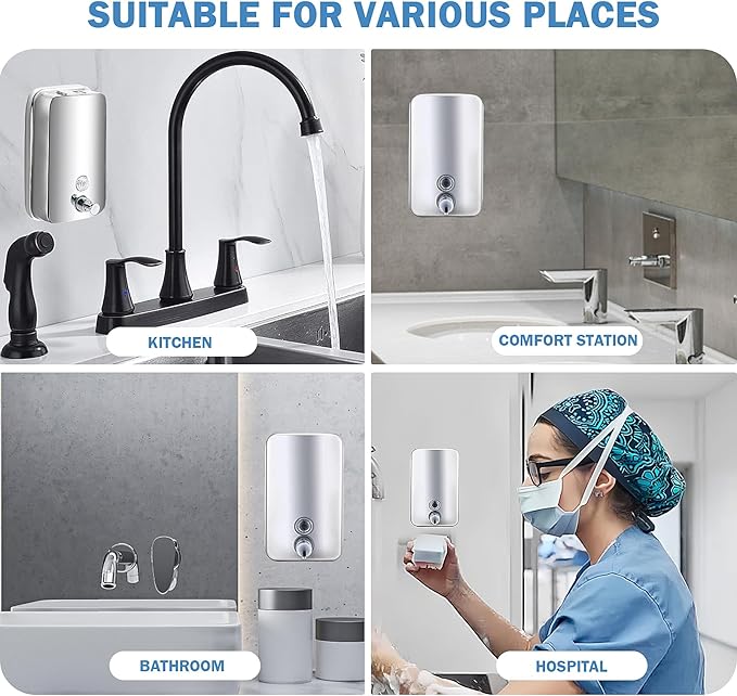 2 Pack 1000ml Hand Soap Dispenser, Commercial Soap Dispenser Wall Mounted, Stainless Steel Refillable Soap Liquid Dispenser for Bathrooms, Toilets, Hotels, Restaurants (Silver)