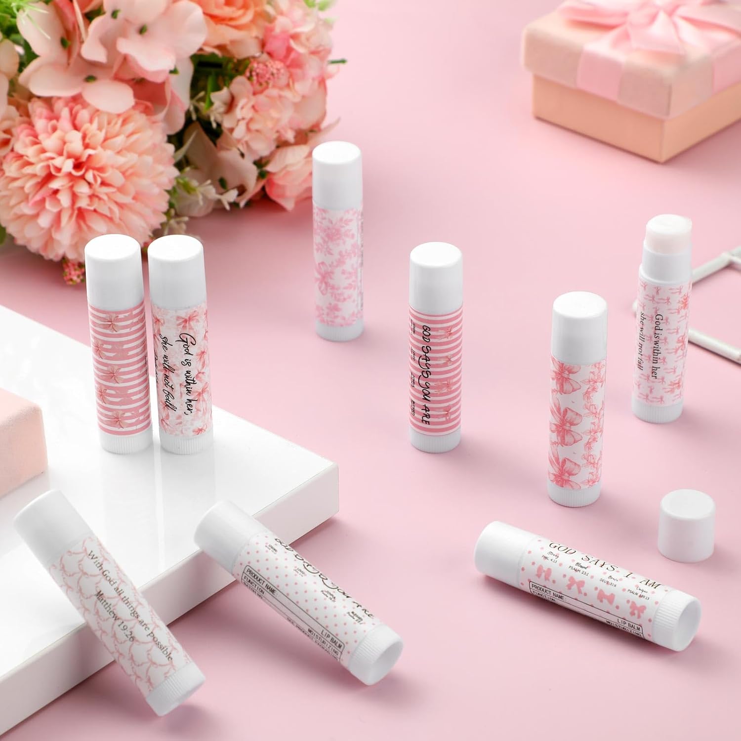 50 Pack Christmas Christian Religious Gifts Bulk Pink Bow Lip Balms for Women Church Party Favors Bible Verse Lip Balms Bulk Gifts for Coworkers Staff Employee Christmas Stocking Stuffers