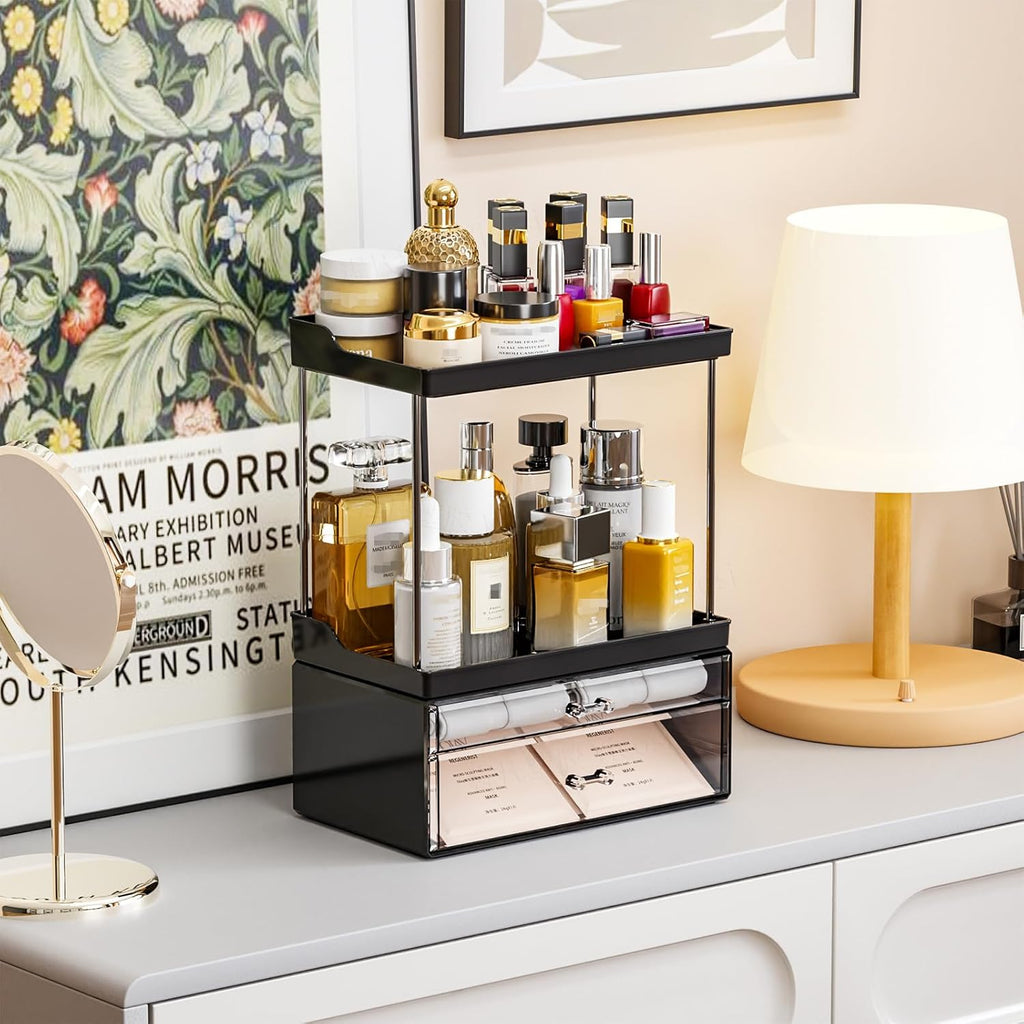 Yieach Acrylic Makeup Organizer Countertop,Large Skincare Organizer for Dresser Top,Plastic Bathroom Counter Organizers and Storage for Beauty,Cosmetic,Hair Products,Lotion and Perfume Organizer,Black