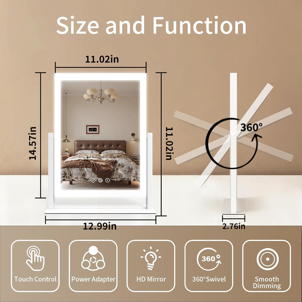 Vanity Mirror with Lights, Three Colors Lighting Mode, 360°Rotation, Lighted Makeup Mirror wih Stand for Desk, Bedroom, Dorm, 11x14.5 Inch