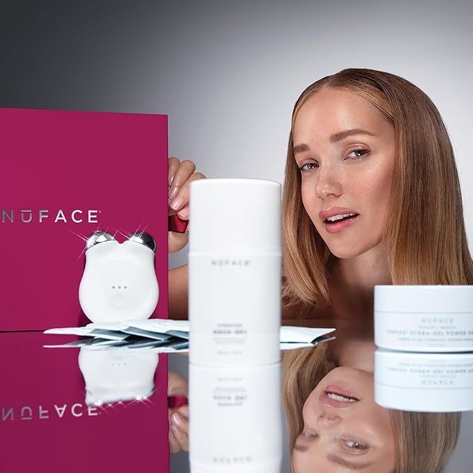 NuFACE MINI+ Microcurrent Facial Device Ultimate Uplift Holiday Kit - Brilliant White Face Sculpting & Contouring Device with Aqua Gel, Power Patches, Prep-N-Glow Skin Care Wipes & Luxe Gift Box