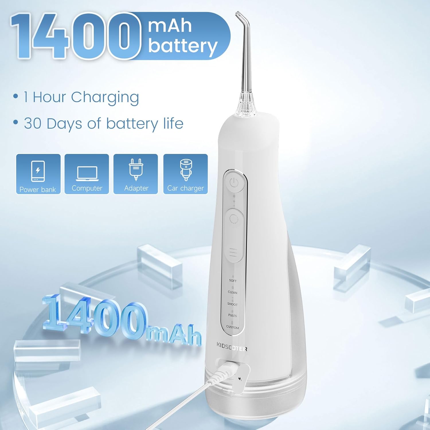 Water Flosser for Teeth with Detachable Washable Tank, 5 Modes Rechargeable Cordless Oral Irrigator, 300ml Portable Dental Flosser, IPX7 Waterproof for Home & Travel, White