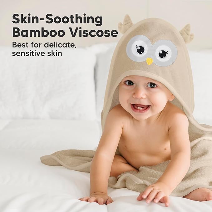 KeaBabies Hooded Baby Towel for Newborn - Viscose Derived from Bamboo Large Baby Bath Towels with Hood for Boys, Girls, Toddler, Extra Absorbent & Soft Newborn Bath Essentials (Owl, Regular)