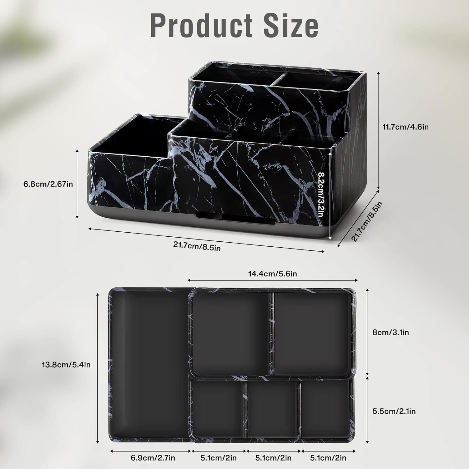 Electric Toothbrush Holder for Bathroom, Plastic Bathroom Countertop Organizer Compartment, Vanity Organizer Tray,Countertop Organizer Box, Kids Desk Organizers and Storage,Black Marble Pattern