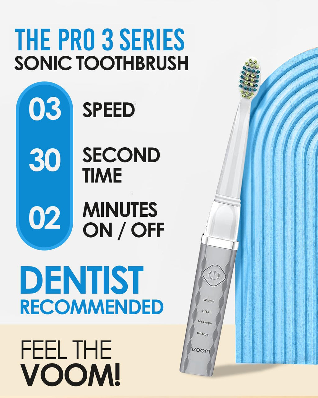 Voom Sonic Pro 3 Rechargeable Electric Toothbrush With Soft Dupont Nylon Bristles Dentist Recommended Portable Oral Care 2-Minute Timer 3 Adjustable Speeds Light Weight Design - Silver