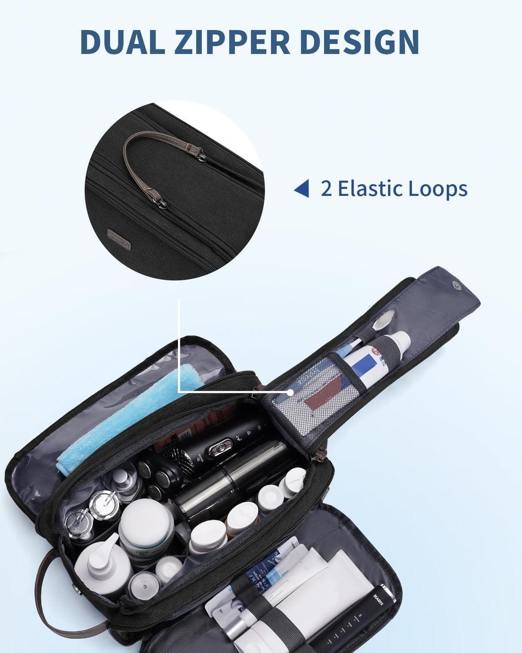 WANDF Toiletry Bag for Men Travel Toiletry Organizer Canvas and Leather Dopp Kit Water-Resistant Shaving Bag for Travel Accessories (Black, Large)