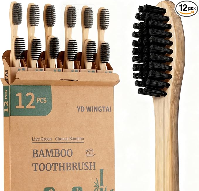 Bamboo Toothbrush Biodegradable WoodenToothbrushes 12pack Natural Travel Size Organic Charcoal Tooth Brush
