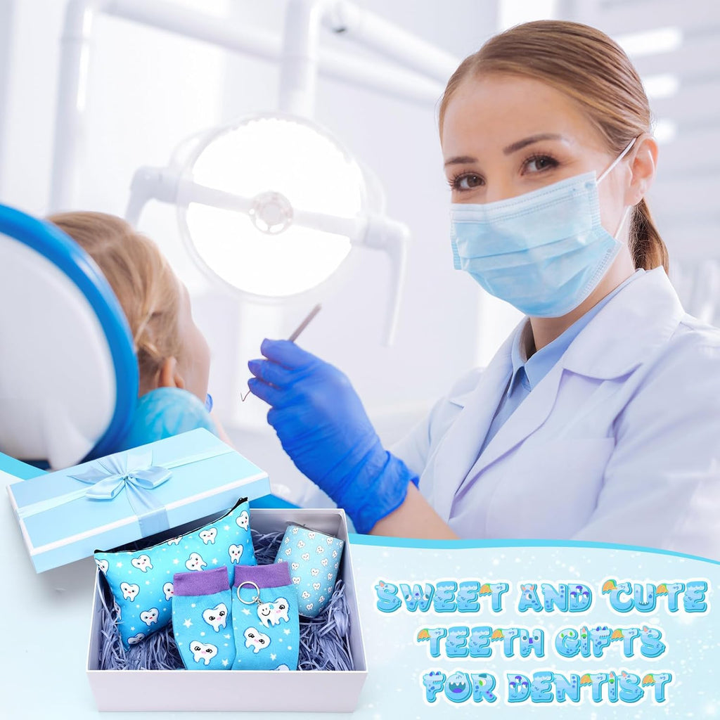 Sliner 4 Pcs Dental Assistant Gifts Set 12 oz Blue Teeth Stainless Steel Tumbler Cosmetic Bag Tooth Shape Keychain Novelty Tooth Sock Dental Hygienist Gifts for Nurse Dentist Christmas Graduation